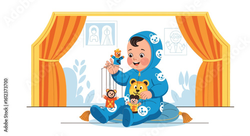 Infant's Enchanting Puppet Show Imagination Unfolds on a Cozy Pillow Stage