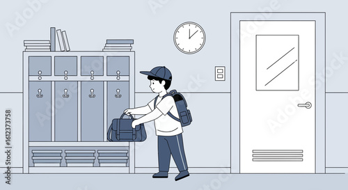 Illustration of a schoolboy putting his bag in a locker at school representing education and daily school life