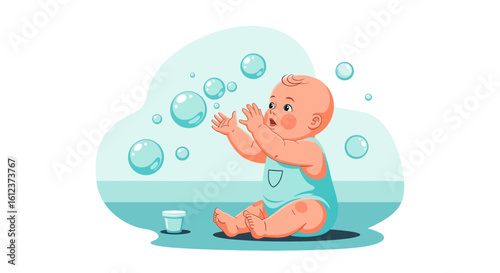 Innocent Infant Enjoying Soap Bubbles During Playtime Illustration