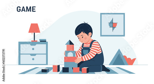Little Boy Is Playing With Cubes At Home In Nursery Room