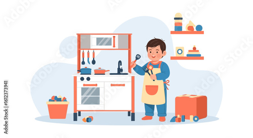 Little Boy Pretending to Cook in Toy Kitchen With Utensils and Accessories