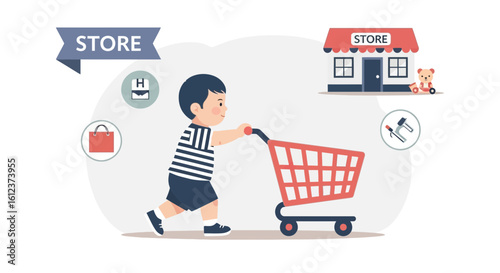 Little Boy Pushing Shopping Cart In Store Concept Childrens Shopping Illustration