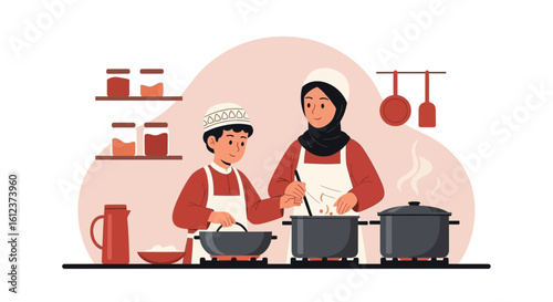 Muslim Family Bonding While Preparing Traditional Food Together in the Kitchen