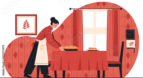 Inviting Woman Serves Homemade Pie At Home Dinner Preparation Scene