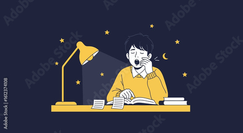 Illustration Of A Tired Student Studying Late Under A Desk Lamp At Night