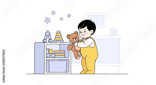 Illustration of a toddler in yellow overalls hugging a teddy bear in a nursery setting