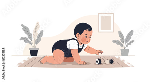 Little Explorer Discovering The World On A Rug In A Cozy Home Illustration