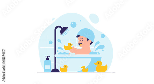 Joyful Bathing Time Illustration Of A Little Boy With Rubber Ducks