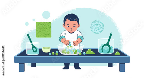 Illustration of a toddler playing with water and sensory materials on a table