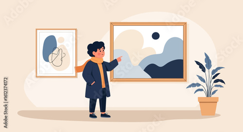 Illustration of a visitor admiring art at an exhibition in a modern art gallery showcasing contemporary paintings