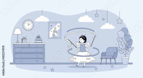 Little Fairy Perform With Ribbon In Blue Tones Children's Room Decoration