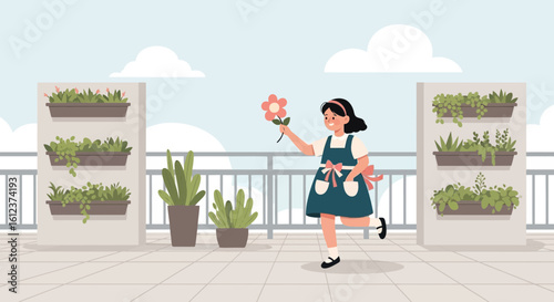 Little Gardener Enjoying Her Balcony Garden With A Flower Decoration