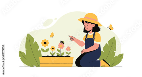 Little Gardener Observing Blooming Flowers and Butterflies in Home Garden