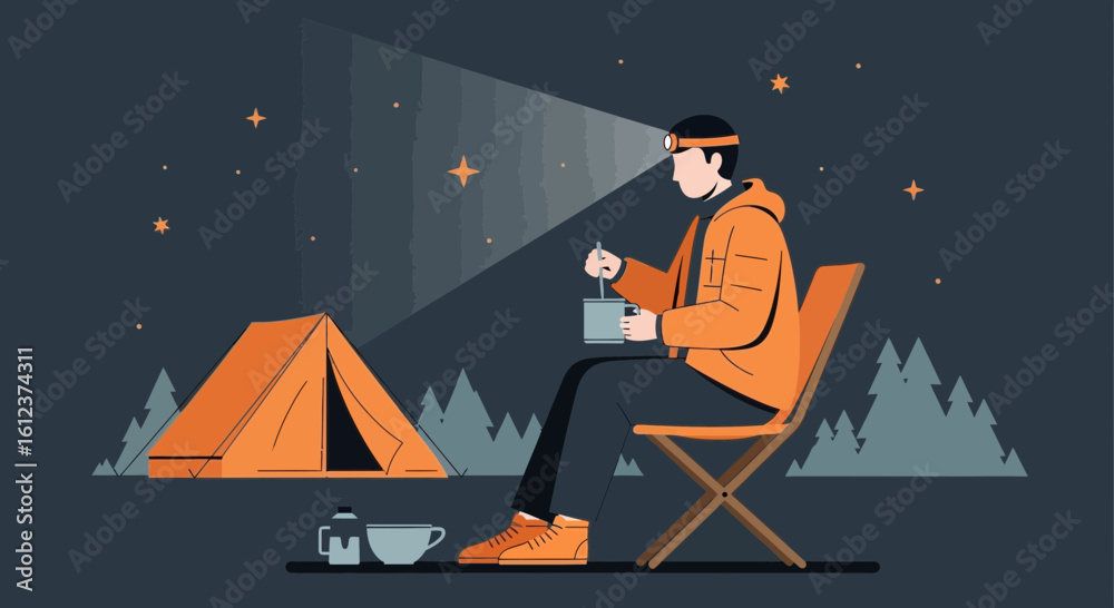 Fototapeta premium Nighttime Camping Scene Featuring a Man Eating Beside A Tent Under Stars