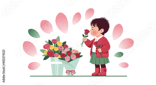 Little Girl Enjoying The Fragrance Of Fresh Flowers In A Delightful Scene