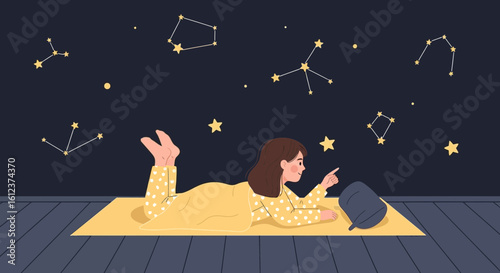 Nighttime Reverie Girl Gazing Stars Cozy Bedroom Astrology Exploration