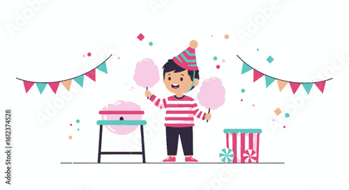 Joyful Boy With Carnival Cotton Candy at Funfair Party Celebration