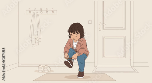 Little One Concentrates Tying Shoes Ready For An Outing At Home