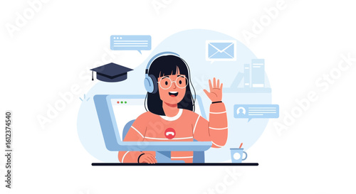 Online Learning And Video Conferencing With Student Wearing Headphones