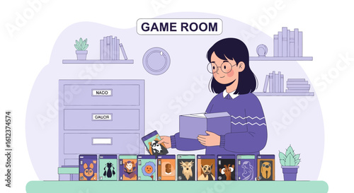 Organizing a whimsical game room collection with playful characters art