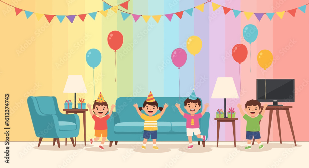Fototapeta premium Joyful Celebration Group Of Kids Celebrating Birthday Party Indoor Background