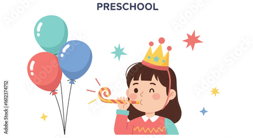 Joyful Celebration In Kindergarten With Balloons, Crown, And Party Horn