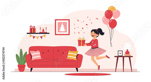 Joyful Celebration Girl Delivering Gift in Festive Living Room Illustration