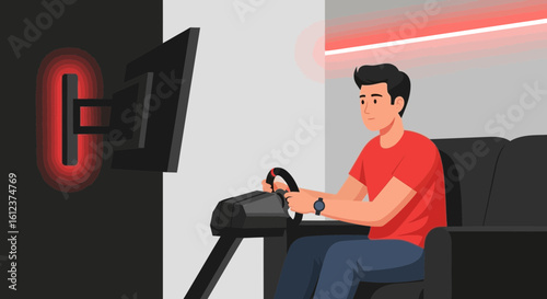 Passionate Gamer Immersed In An Exciting Racing Simulation On A Gaming Cockpit