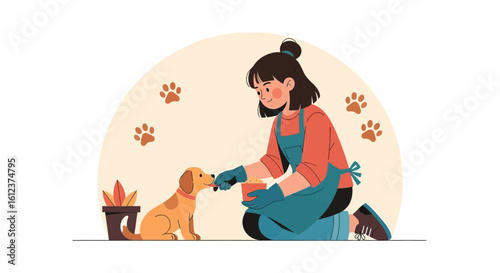 Loving Girl Giving Food To Dog Vector Illustration On White Background