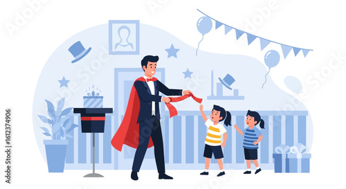 Magician Performing Entertainment For Children During A Birthday Celebration Event