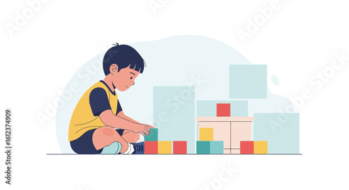 Illustration of a young boy playing with colorful blocks indoors happily and concentrated
