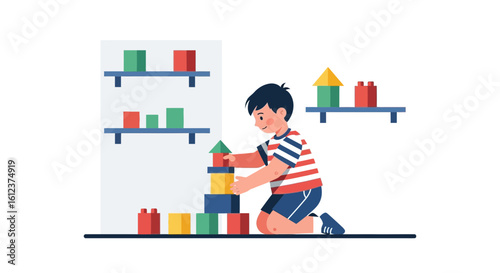 Illustration of a young boy playing with colorful building blocks at home creatively building a tower having fun for the future