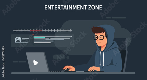 Male Gamer In Hooded Sweater Play And Enjoy Online Games On Computer