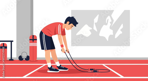 Male Athlete Preparing For Cardio Exercise By Stretching Rope At Fitness Gym