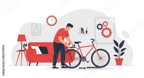 Man Adjusting Bicycle Inside Living Room Setting For Transportation And Leisure