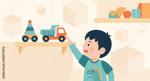 Illustration of a young boy reaching for wooden toys on a shelf in a playroom