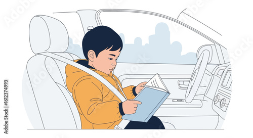 Illustration of a young boy reading a book inside a car with seatbelt on and safety first, educational journey concept