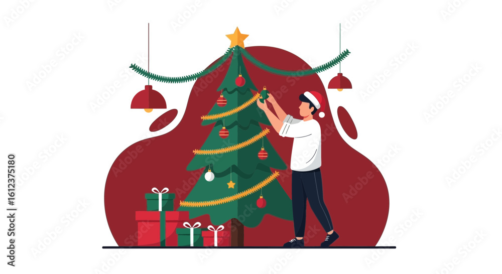 Naklejka premium Man Decorating Christmas Tree With Festive Ornaments And Colorful Gift Boxes