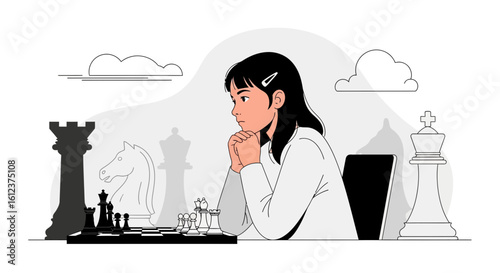 Pensive Woman Deeply Concentrated on Strategy During Intense Chess Game