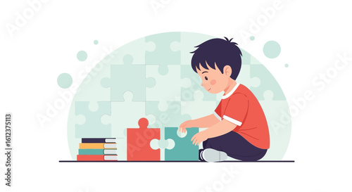 Illustration of a young boy solving a jigsaw puzzle with books nearby showcasing learning and development through play