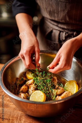 A person is expertly adding fresh thyme and lemon slices to a bowl containing seasoned chicken. The kitchen is bright, showcasing culinary preparation with attention to detail