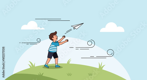 Joyful Childhood Moment Boy Launches Paper Airplane On A Windy Hilltop Field