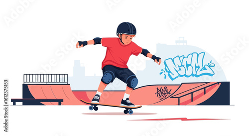 Illustration of a young boy skateboarding in a skate park with ramps and graffiti elements