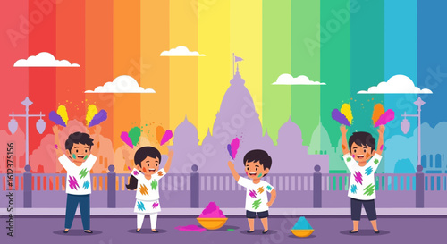 Joyful Children Celebrate Holi Festival With Vibrant Colors And Traditional Temple