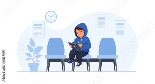 Illustration of a young boy using a tablet while sitting in a waiting room chair