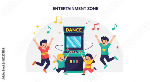 Joyful Children Play Dancing Game In Entertainment Zone With Musical Notes