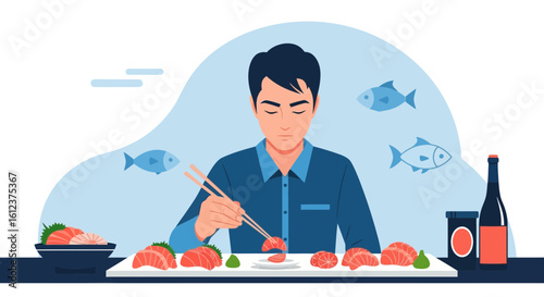 Man Enjoying Delicious Salmon Sashimi Plate With Chopsticks In Restaurant