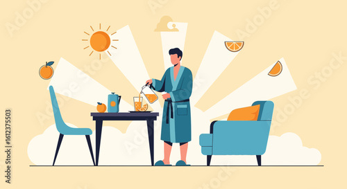 Man Enjoys Fresh Orange Juice In The Morning In A Serene Interior Scene