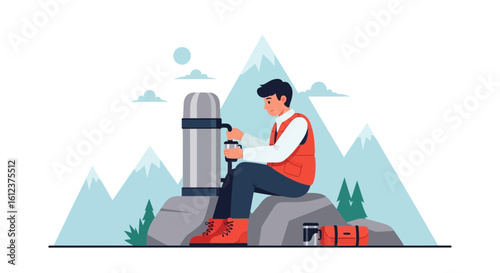 Man Enjoys Hot Beverage After Hike in Serene Mountain Landscape Vector Illustration