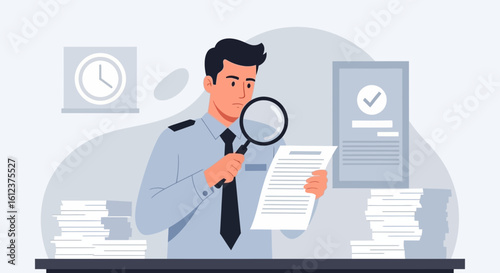 Man Examining Documents With Magnifying Glass In Office For Detailed Analysis